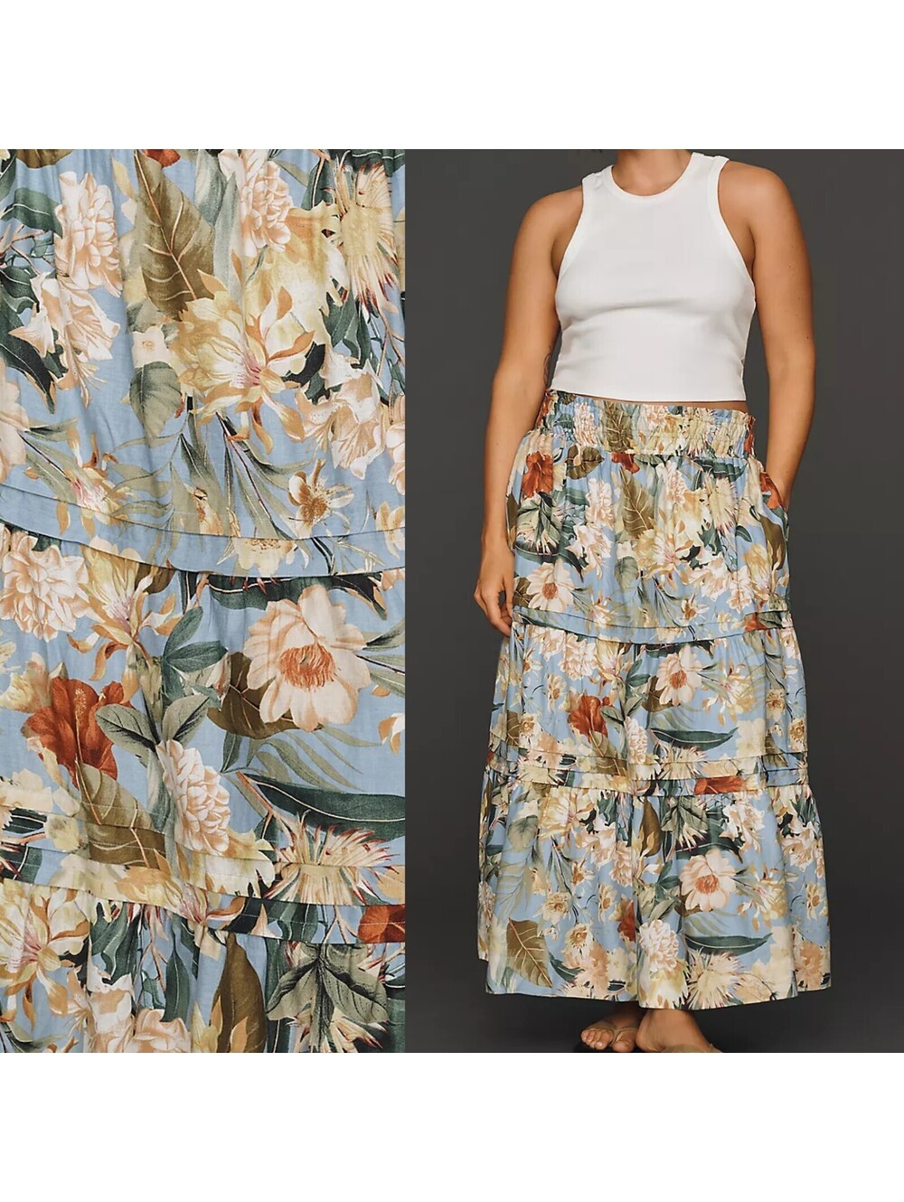 Anthropologie Somerset Linen Stretch Maxi Skirt 2X Floral Cottagecore Botanical